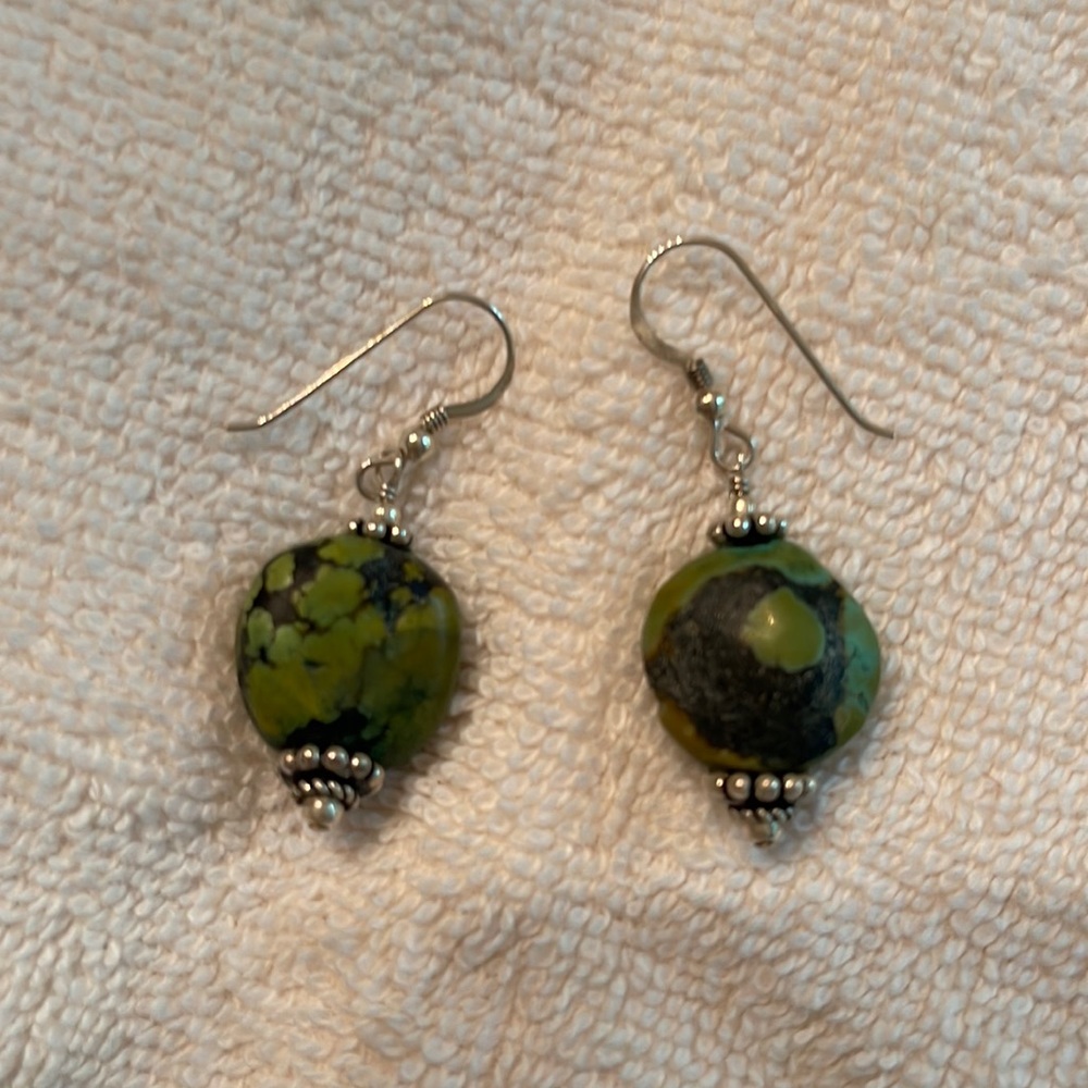 Handmade genuine turquoise and Bali sterling silver earrings